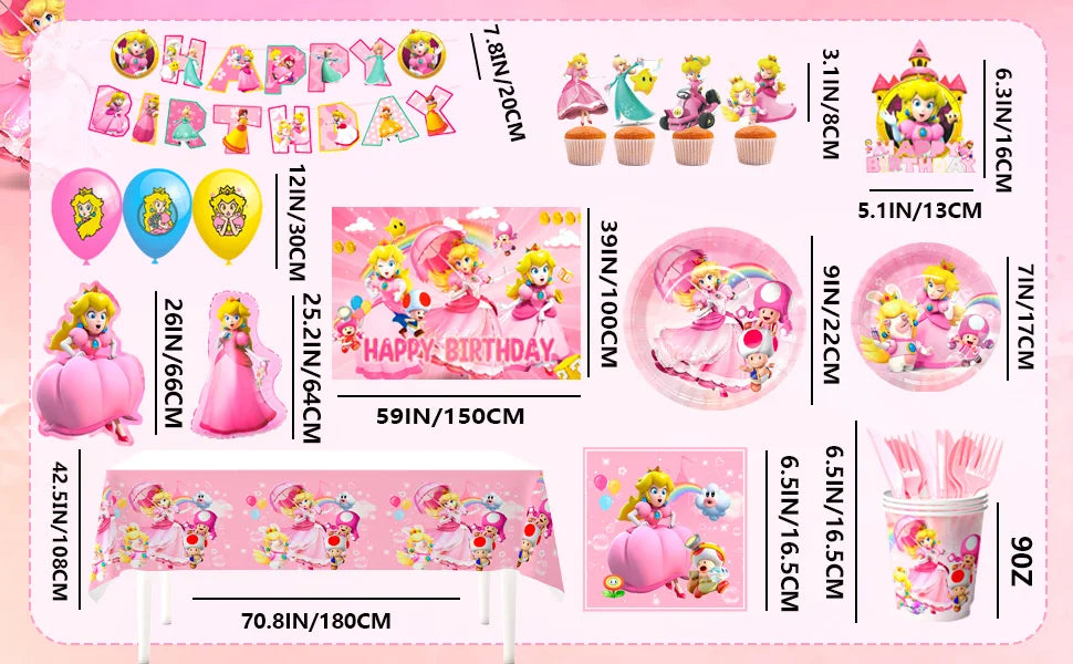 Cartoon Peach Birthday Party Supplies, 114pcs Cartoon Peach Party Decorations & Tableware Set - Party Plates and Napkins Cups