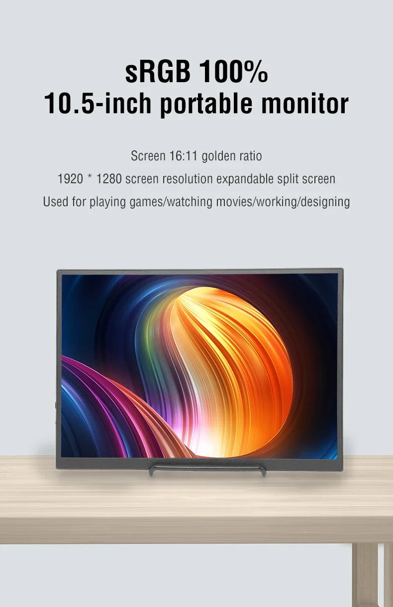 Anmite 10.5-Inch Portable Monitor 1280P HDR 16:10 Low Blue Light For XBox PS4 / 5 Switch Cell Phone PC Loptop Extension