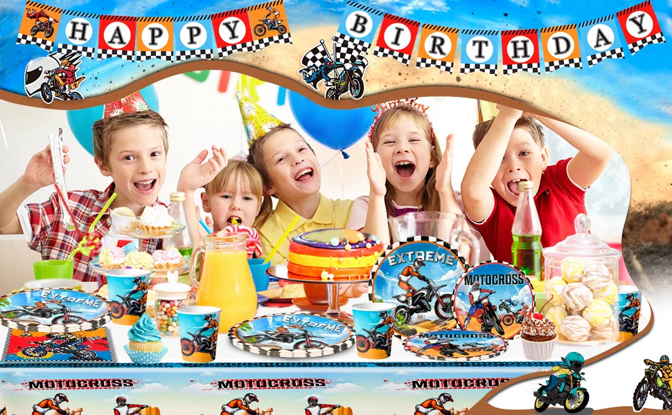 Motorcycle Birthday Supplies,98pcs Decorations&Motorcycle Theme Party Tableware Set-Dirt Bike Party Plates and Napkins Cups etc