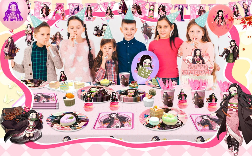 Nezuko Birthday Decorations,117pcs Decorations&Nezuko Party Tableware Set-Party Plates Tablecloth&Cake Topper Banner Balloons