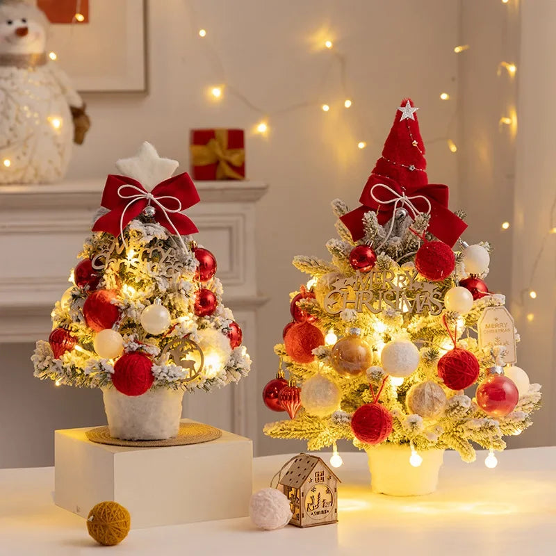 Christmas Tree DIY Set 35cm Xmas Tree with LED Lights Tabletop Ornament for Navidad Party Pine Flocked Snow Tree Decora Gift
