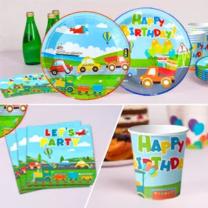 Transportation Birthday Party Supplies,104pcs Party Tableware Set - Birthday Decor Banner Tablecloth Plates Napkin etc