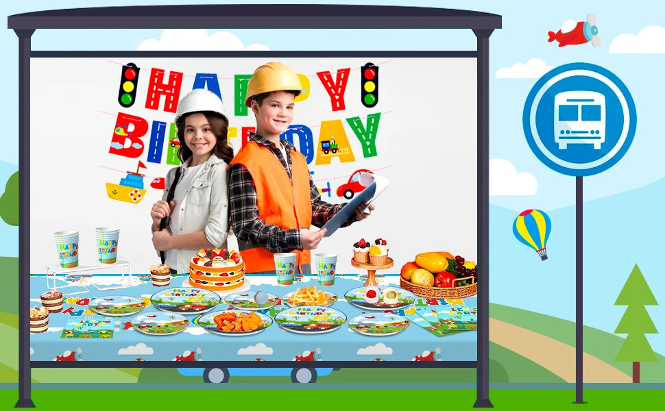 Transportation Birthday Party Supplies,104pcs Party Tableware Set - Birthday Decor Banner Tablecloth Plates Napkin etc