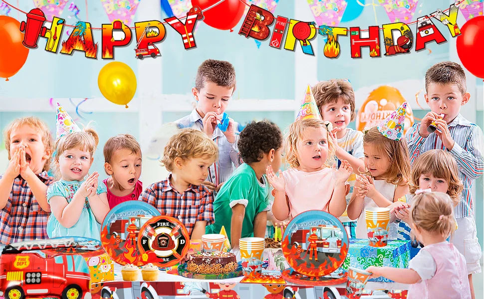 Fire Truck Birthday Party Supplies,95pcs  Birthday Party Decorations for Boys-Firetruck Birthday Balloons Plates Napkins etc