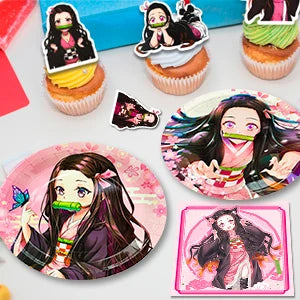 Nezuko Birthday Decorations,117pcs Decorations&Nezuko Party Tableware Set-Party Plates Tablecloth&Cake Topper Banner Balloons