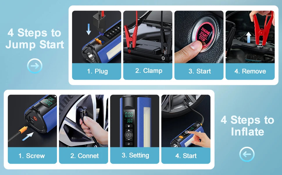 BUVAYE Jump Starter Air Compressor with Power Bank 1500A Peak Battery Booster 150PSI Electric Pump 12V Car Starter with Lighting