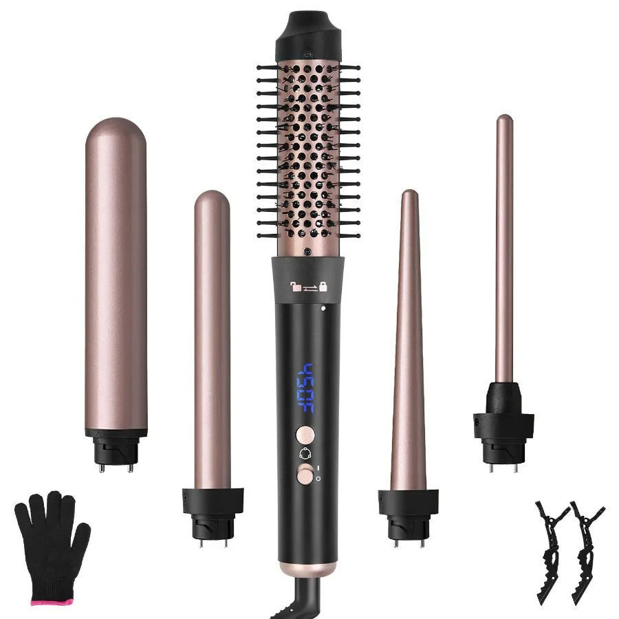 5 in 1 Curling Wand with LeakageProtection Hair Curling Iron Brush Hair Thermal Brush Curler with 4 Heating Levels 360 Rotatabl