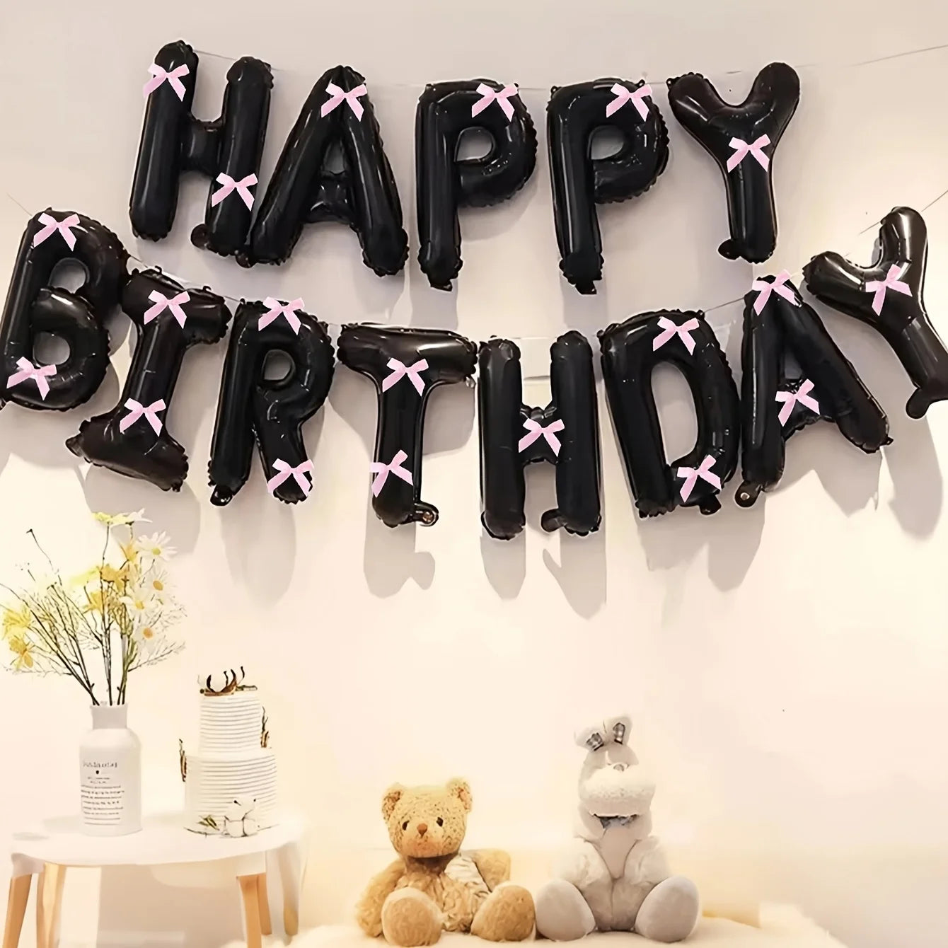1Set Black White Happy Birthday Pink Bow Balloon Set Girl's Birthday Party Decoration Baby Shower Globos Gift Supplies Letter