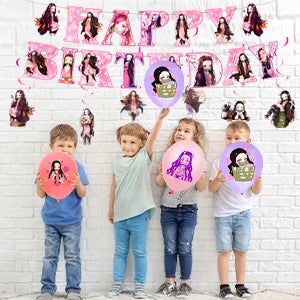 Nezuko Birthday Decorations,117pcs Decorations&Nezuko Party Tableware Set-Party Plates Tablecloth&Cake Topper Banner Balloons