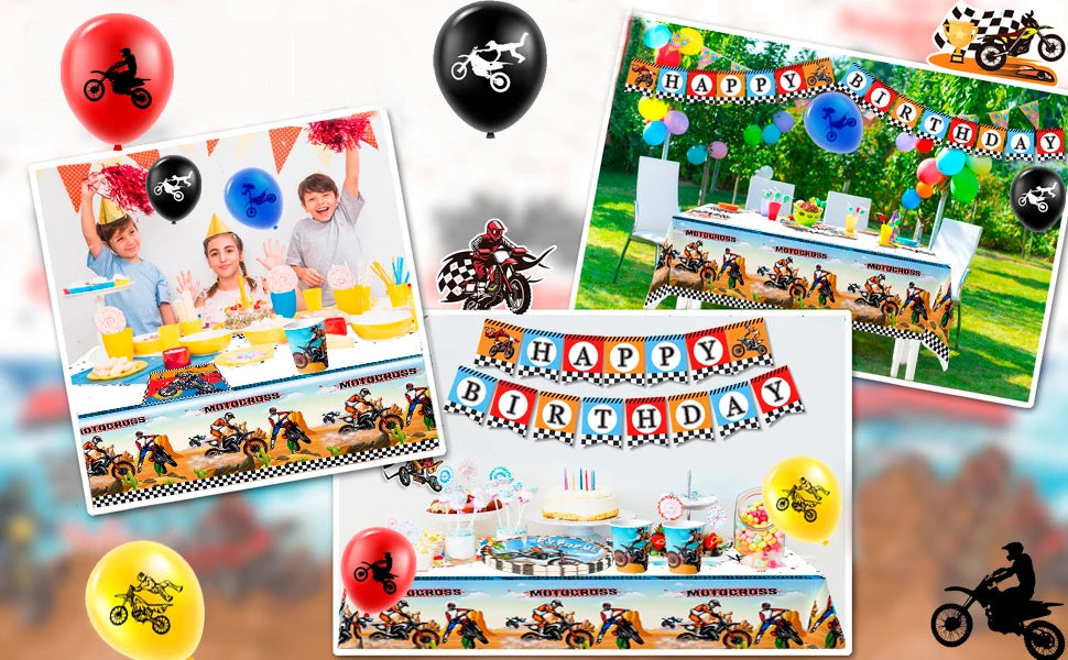 Motorcycle Birthday Supplies,98pcs Decorations&Motorcycle Theme Party Tableware Set-Dirt Bike Party Plates and Napkins Cups etc