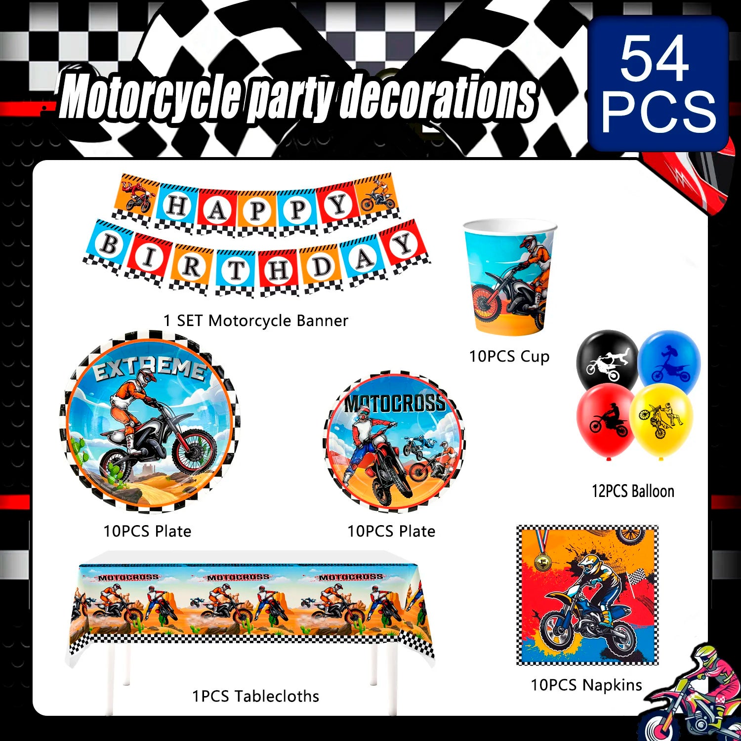 Motorcycle Birthday Supplies,98pcs Decorations&Motorcycle Theme Party Tableware Set-Dirt Bike Party Plates and Napkins Cups etc