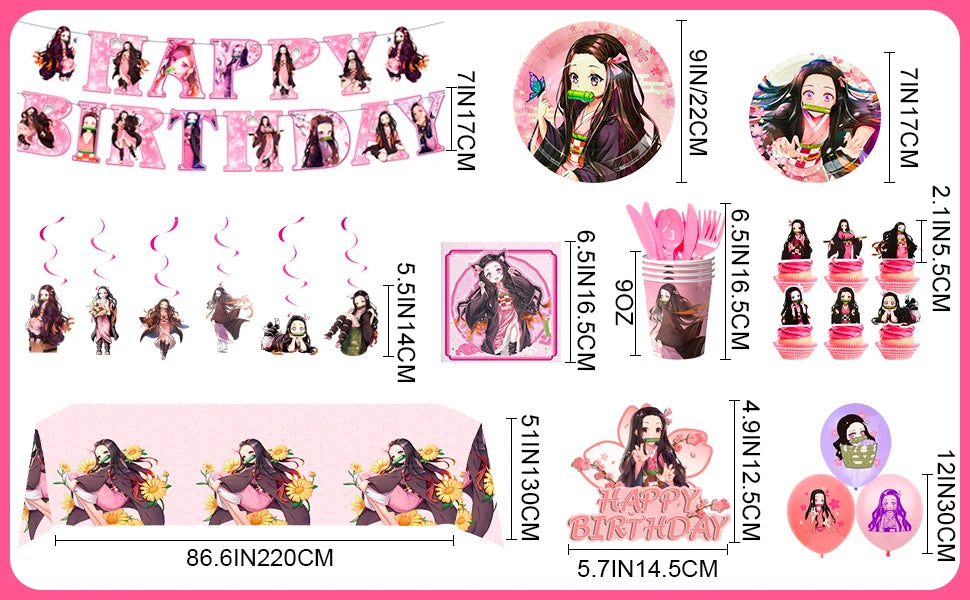 Nezuko Birthday Decorations,117pcs Decorations&Nezuko Party Tableware Set-Party Plates Tablecloth&Cake Topper Banner Balloons