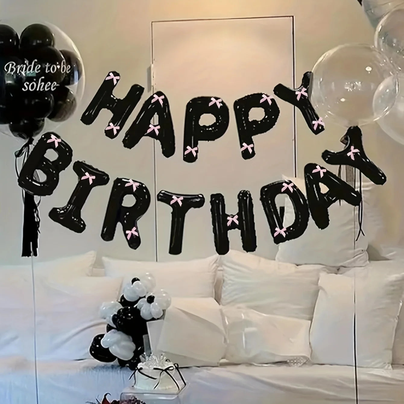 1Set Black White Happy Birthday Pink Bow Balloon Set Girl's Birthday Party Decoration Baby Shower Globos Gift Supplies Letter