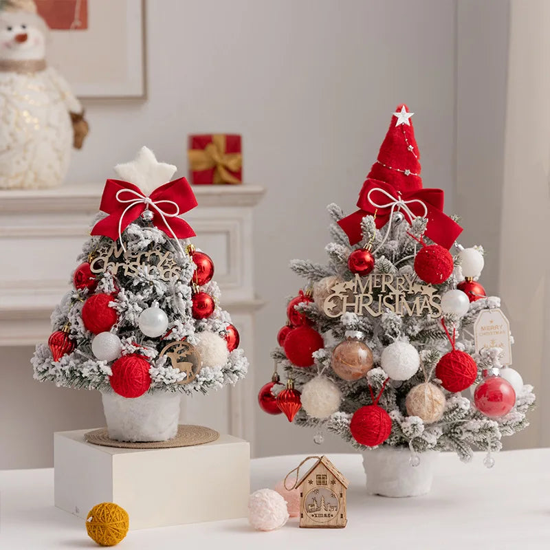 Christmas Tree DIY Set 35cm Xmas Tree with LED Lights Tabletop Ornament for Navidad Party Pine Flocked Snow Tree Decora Gift