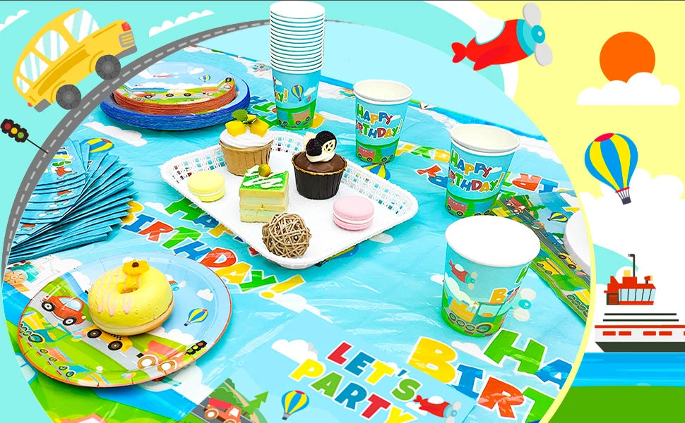 Transportation Birthday Party Supplies,104pcs Party Tableware Set - Birthday Decor Banner Tablecloth Plates Napkin etc