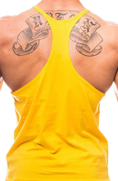 men's bodybuilding fitness apparel featuring a muscular back with tattoos and a yellow tank top.
