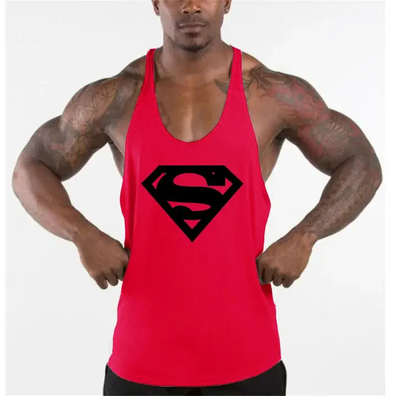 Men's bodybuilding fitness apparel featuring a red tank top with a Superman logo.