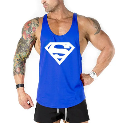 Men's bodybuilding fitness apparel featuring a blue tank top with a Superman logo worn by a muscular man.