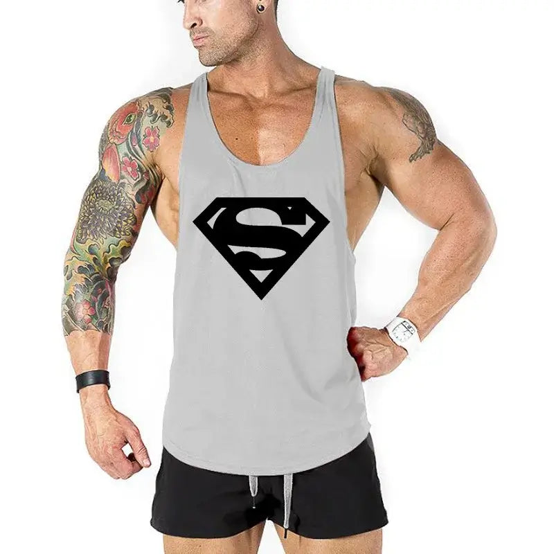Men's bodybuilding fitness apparel featuring a muscular model in a gray tank top with a Superman logo.