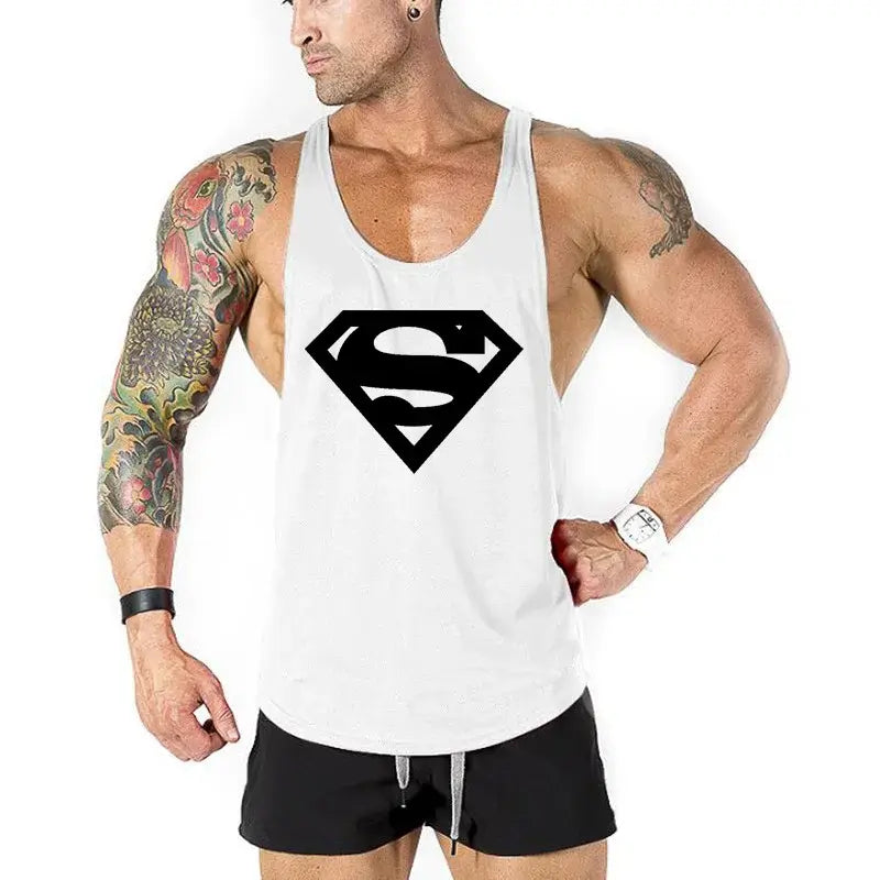 Men's bodybuilding fitness apparel featuring a white tank top with a Superman logo, ideal for workouts and daily wear.