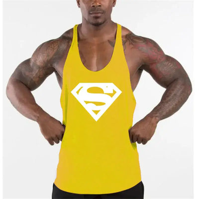 Men's bodybuilding fitness apparel featuring a yellow tank top with a Superman logo.