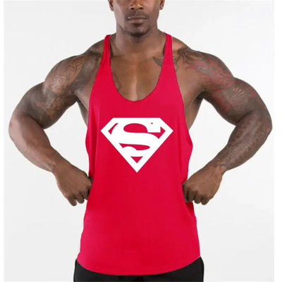 Men's bodybuilding fitness apparel featuring a red tank top with a superman logo, showcasing fitness style.