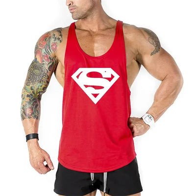 Men's bodybuilding fitness apparel featuring a red tank top with a Superman logo and tattooed muscular man.