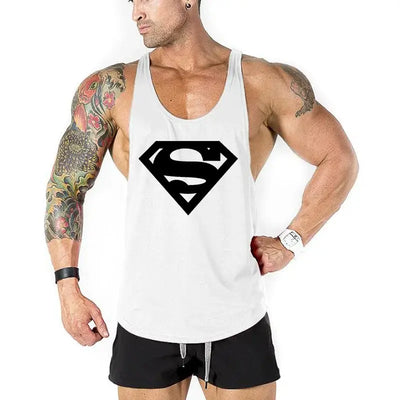Men's bodybuilding fitness apparel featuring a tank top with a Superman logo and tattooed arms.