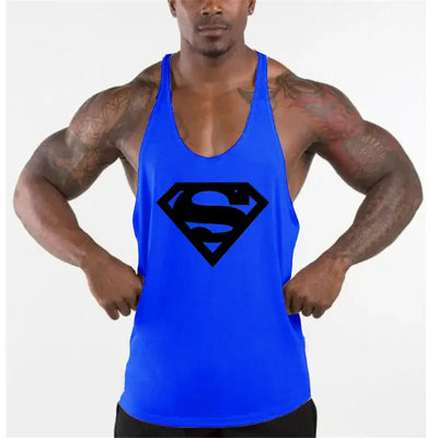 men's bodybuilding fitness apparel featuring a blue tank top with a black Superman logo worn by a muscular man.