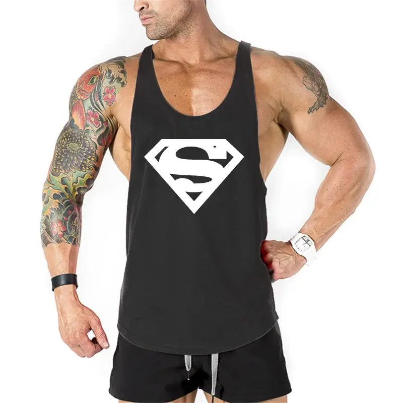 Men's bodybuilding fitness apparel featuring a tank top with a Superman logo, ideal for daily workouts.