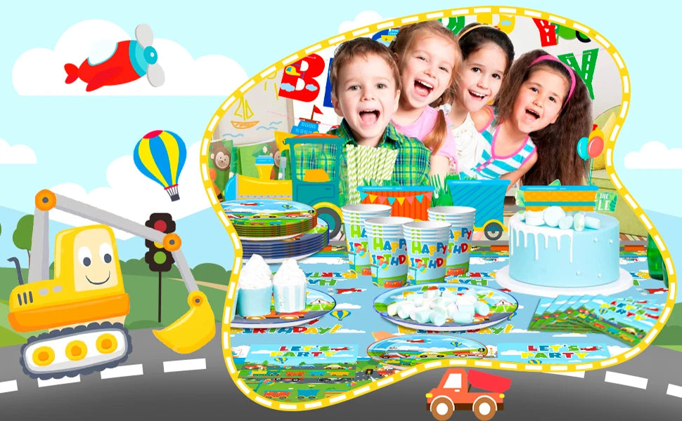 Transportation Birthday Party Supplies,104pcs Party Tableware Set - Birthday Decor Banner Tablecloth Plates Napkin etc