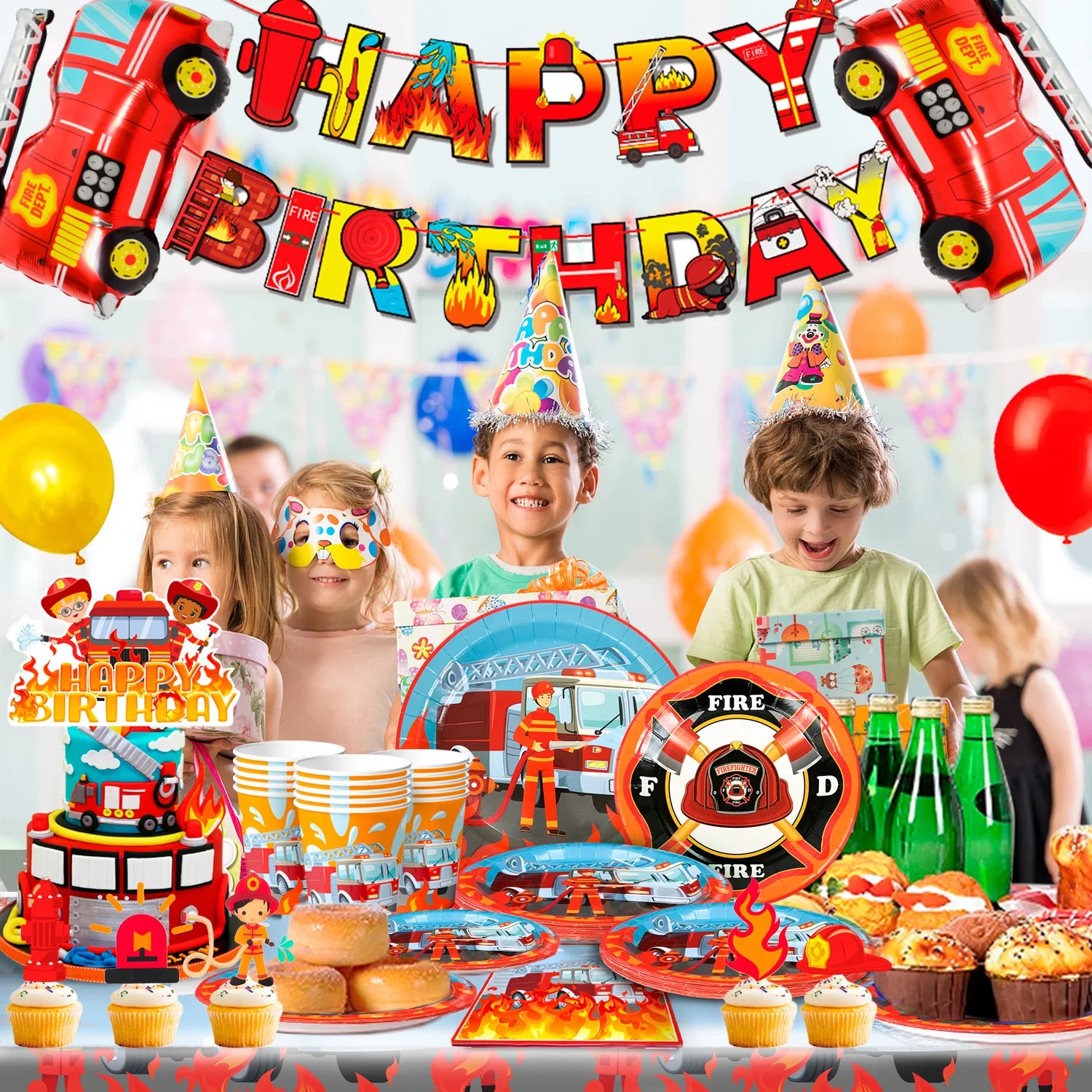 Fire Truck Birthday Party Supplies,95pcs  Birthday Party Decorations for Boys-Firetruck Birthday Balloons Plates Napkins etc