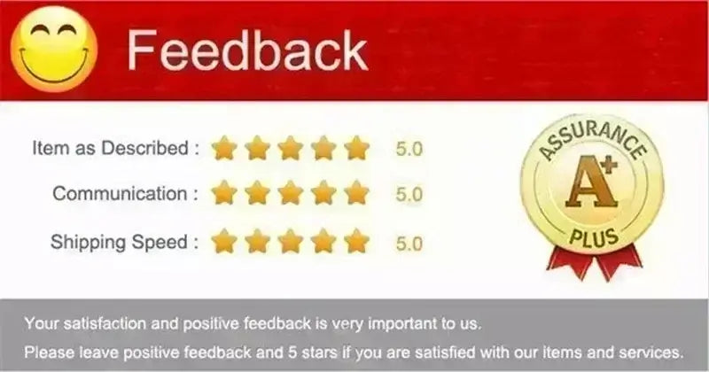 Feedback ratings with stars, indicating satisfaction in item description, communication, and shipping speed.