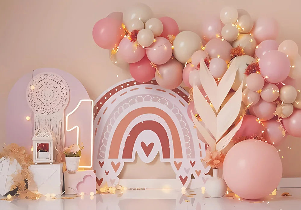 One Year Old Baby Birthday Backdrop Toys Bear White Balloons
