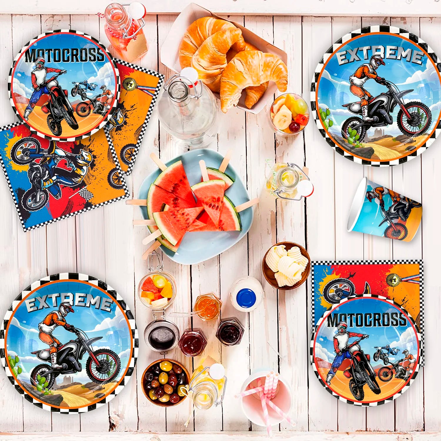 Motorcycle Birthday Supplies,98pcs Decorations&Motorcycle Theme Party Tableware Set-Dirt Bike Party Plates and Napkins Cups etc