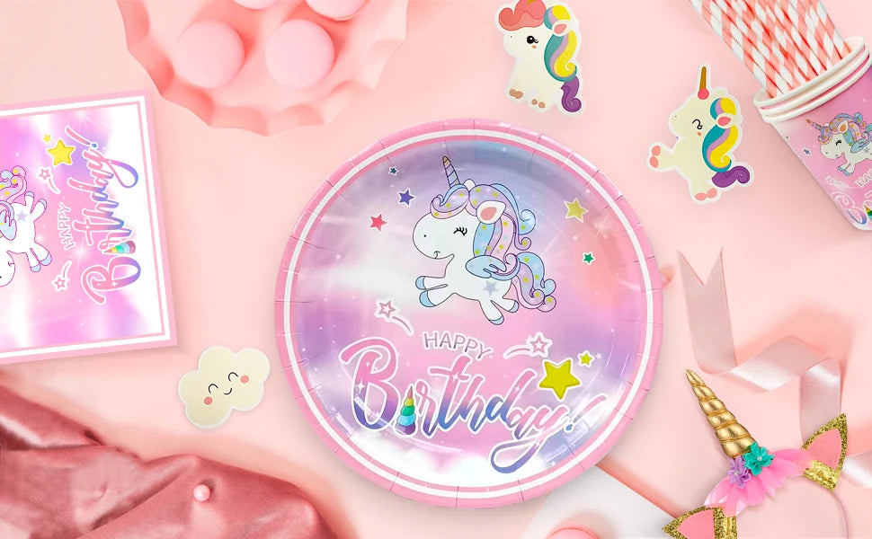 Unicorn Birthday Party Supplies,116pcs Decorations&Birthdays Tableware Set-Unicorn Party Plates Napkins Table Cloth etc