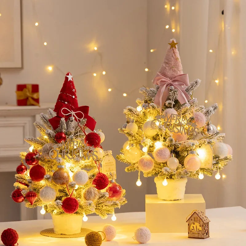 Christmas Tree DIY Set 35cm Xmas Tree with LED Lights Tabletop Ornament for Navidad Party Pine Flocked Snow Tree Decora Gift