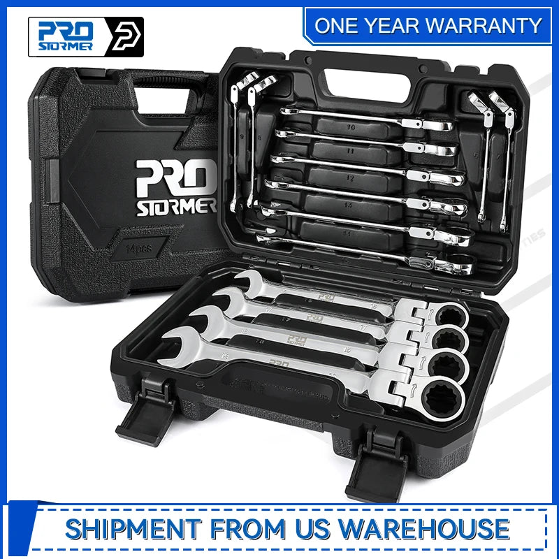 14 Piece Flex-Head Ratchet Set 6-19mm Metric Chrome Vanadium Steel Ratchet Combination End Wrench Set By Prostormer