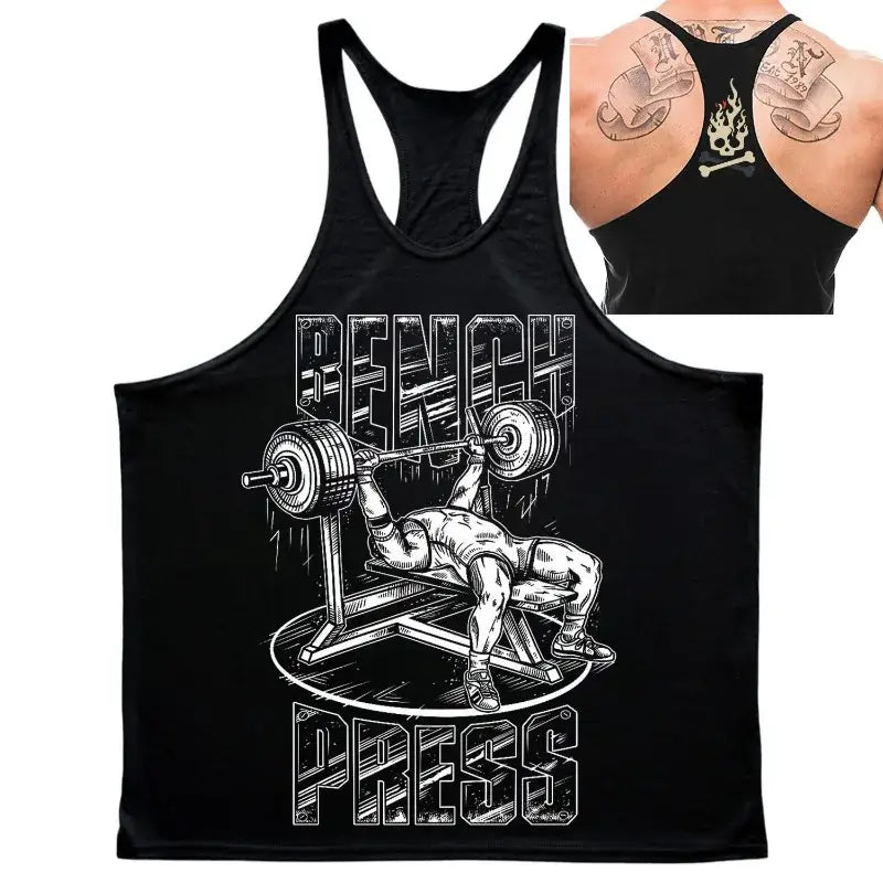 Gym Top Men Shirt Man Muscle Loose T-shirt Fitness Bodybuilding featuring a bench press graphic.