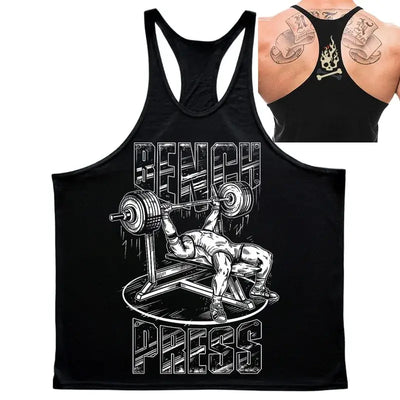 Gym Top Men Shirt Man Muscle Loose T-shirt Fitness Bodybuilding featuring a bench press graphic.