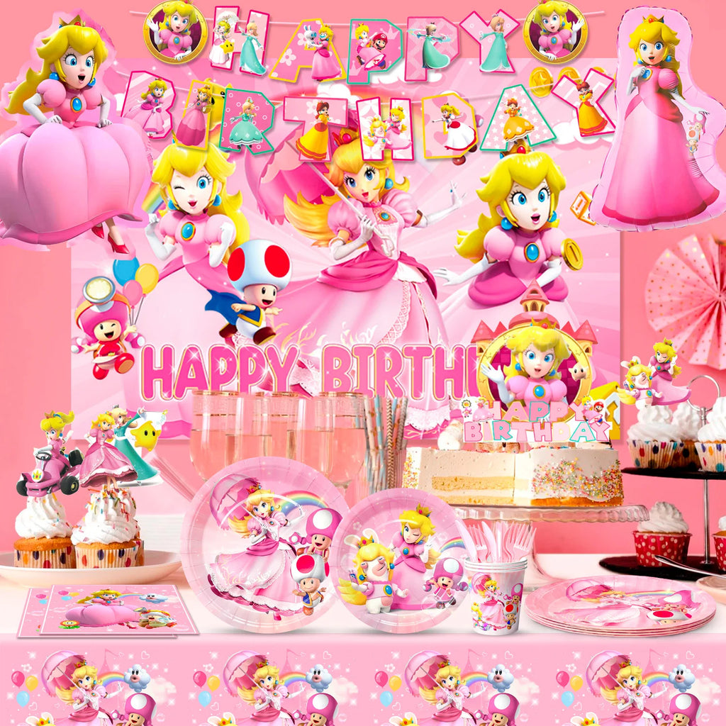 Cartoon Peach Birthday Party Supplies, 114pcs Cartoon Peach Party Decorations & Tableware Set - Party Plates and Napkins Cups