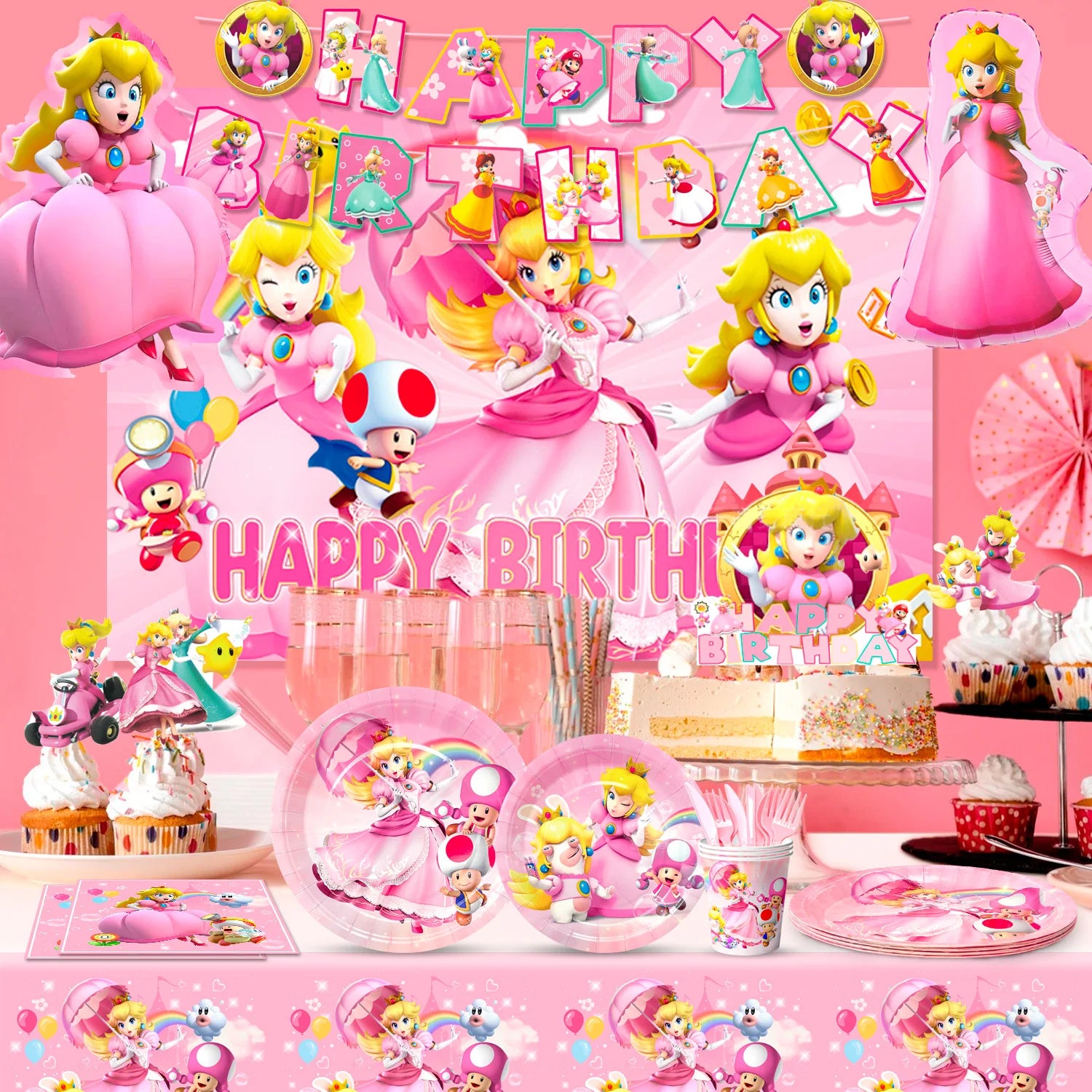 Cartoon Peach Birthday Party Supplies, 114pcs Cartoon Peach Party Decorations & Tableware Set - Party Plates and Napkins Cups