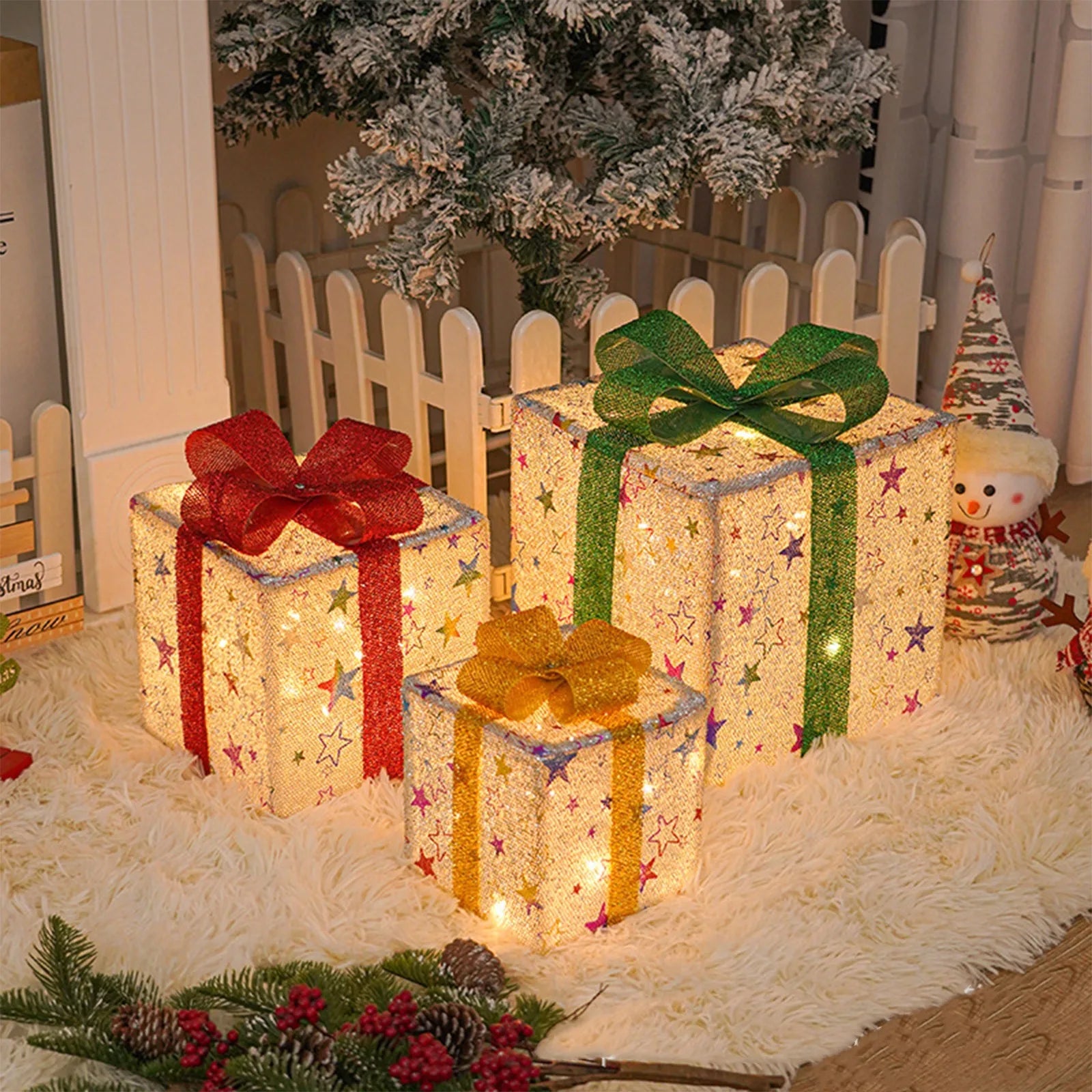 Christmas Decoration 3pcs Transparent Plastic Christmas Gift Boxes With Warm White LED Lights Christmas Tree Skirt Ornament