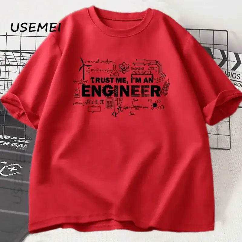 red engineer t-shirt for men with graphic text saying 'TRUST ME, I'M AN ENGINEER' by USEMEI