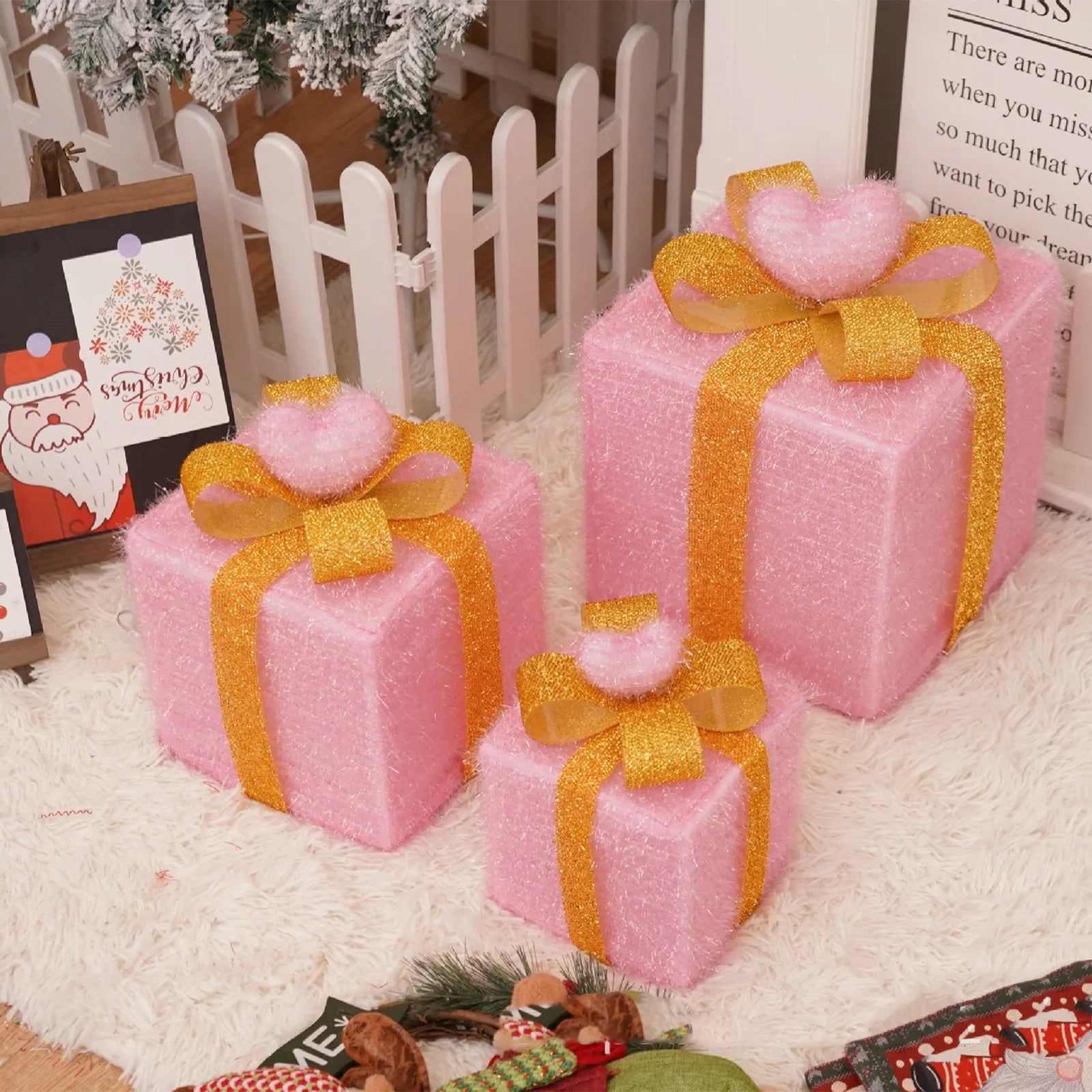 Christmas Decoration 3pcs Transparent Plastic Christmas Gift Boxes With Warm White LED Lights Christmas Tree Skirt Ornament