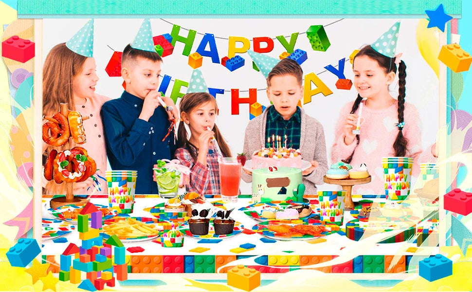 Building Blocks Birthday Party Supplies-66pcs Party Tableware set-Building Block Party Plates Napkins Tablecloth etc