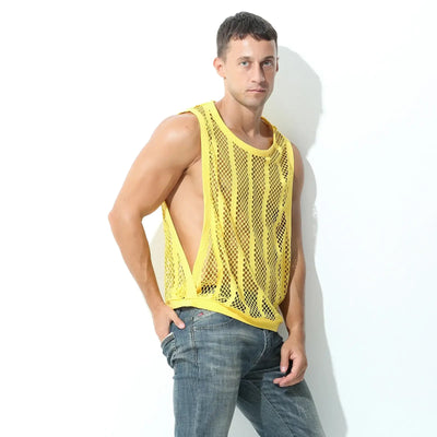 Men Tank Top Sleeveless Undershirt in bright yellow mesh fabric, designed for casual wear during spring and summer.