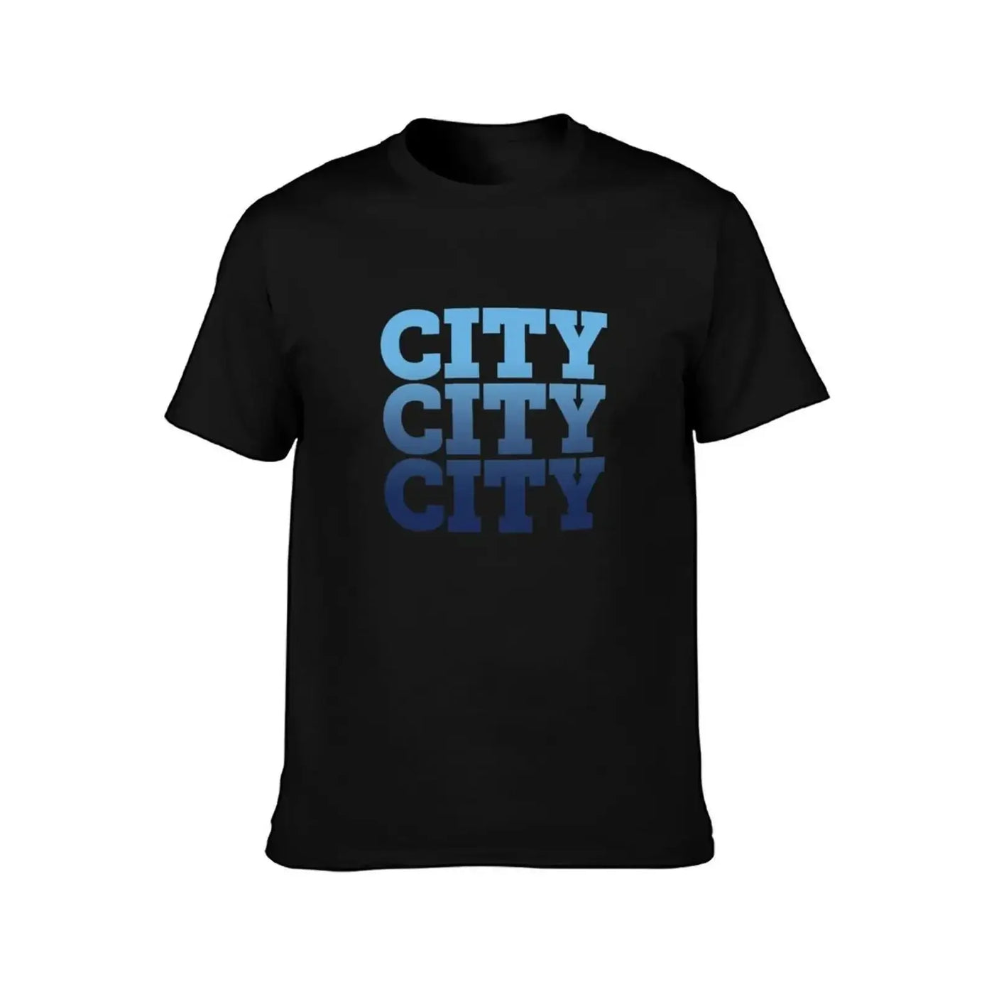 Manchester City T-Shirt anime t shirts for man featuring bold blue CITY text on a black background.