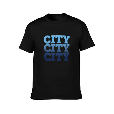 Manchester City T-Shirt anime t shirts for man featuring bold blue CITY text on a black background.