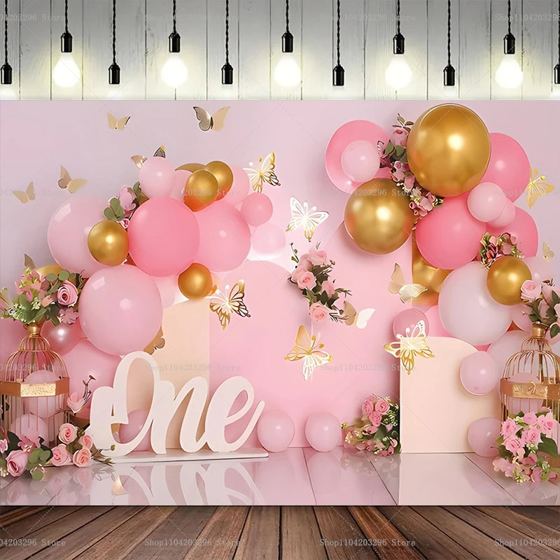 One Year Old Baby Birthday Backdrop Toys Bear White Balloons